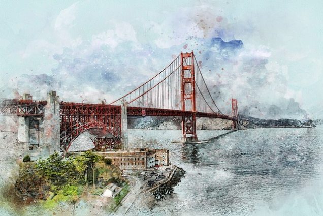 Apartments in Uptown Houston, Galleria Area A breathtaking watercolor painting capturing the iconic Golden Gate Bridge in San Francisco.