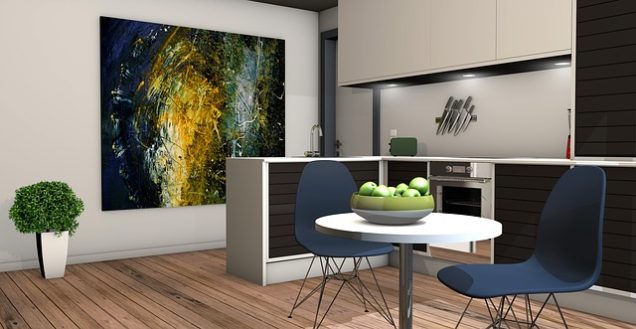 Apartments in Uptown Houston, Galleria Area A 3D rendering of a kitchen with a painting on the wall in apartments in Uptown Houston.