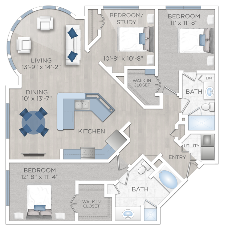 Apartments in Uptown Houston, Galleria Area A floor plan illustration showing a three-bedroom apartment with two bathrooms, a living room, dining area, kitchen, utility room, and two walk-in closets. The Augusta Apartments In The Galleria Area of Houston 2660 Augusta Drive Houston, TX 77057 p: (832) 648-3088 f: (832) 675-0401