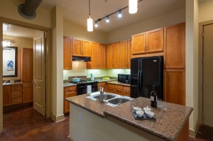 One Bedroom Apartments for Rent in Houston, Texas - Model Kitchen with Double Sinks & Breakfast Bar with Bathroom View    