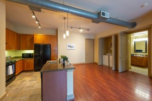 One Bedroom Apartments in Houston, TX - Apartment Dining Room, Kitchen, Laundry Room with Bathroom View