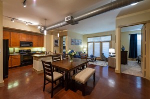 Two Bedroom Apartments for Rent in Houston, Texas - Model Living Room, Dining Room & Kitchen with Bedroom View    